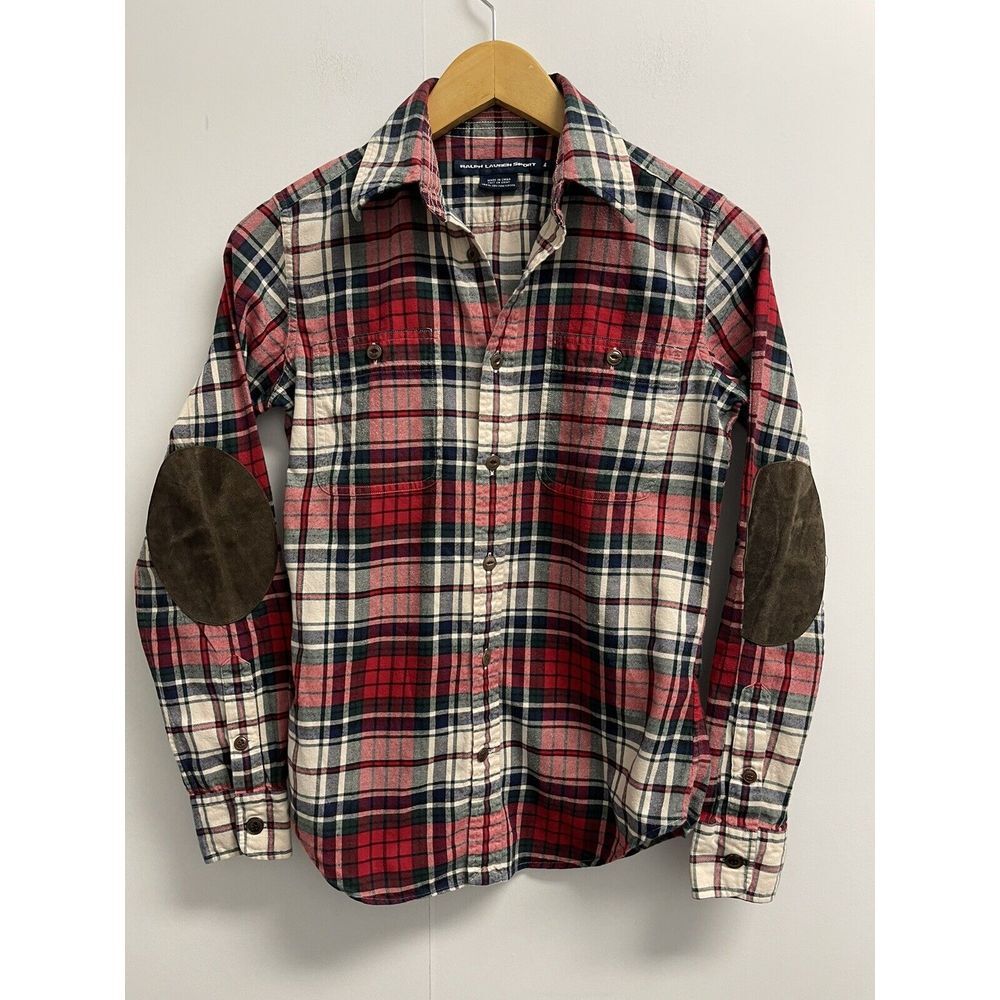 Ralph Lauren Sport Womens‎ Size 4 Plaid Shirt Suede Elbow Patch Pockets Red